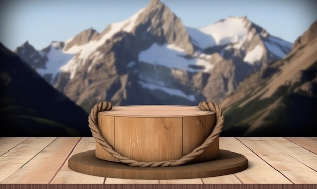 A wooden table with a round wooden bowl and a mountain in the background