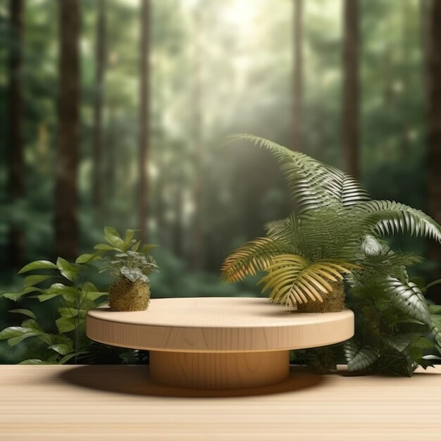 A wooden table with a round wooden shelf with a plant on it.