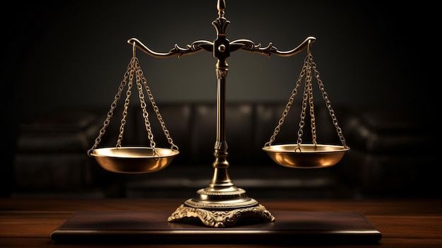 A wooden table with a scale of justice placed on top
