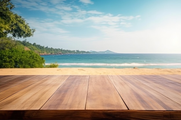 Wooden table with a scenic ocean view Generative AI