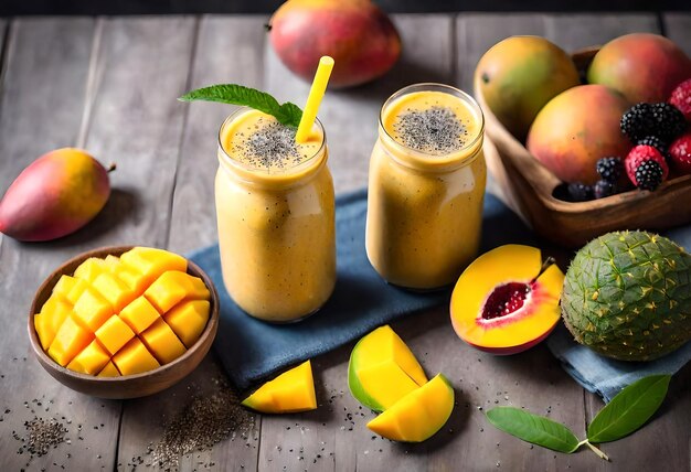 Photo a wooden table with several different types of fruit including mango mango and mango