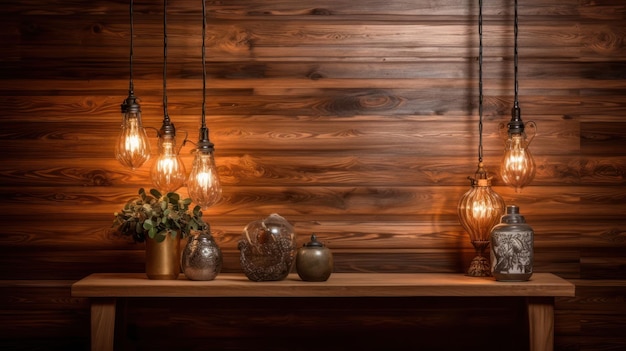 A wooden table with several light bulbs and a plant on it