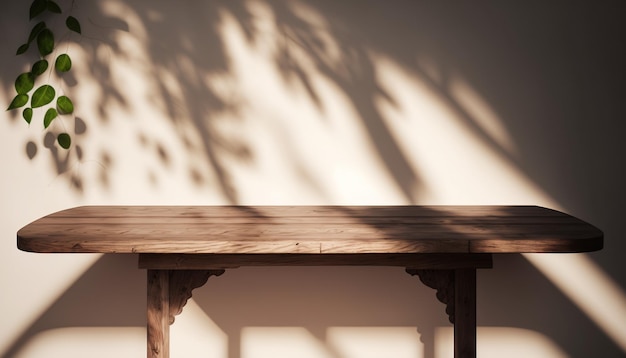 Деревянный стол с тенью дерева на нем
