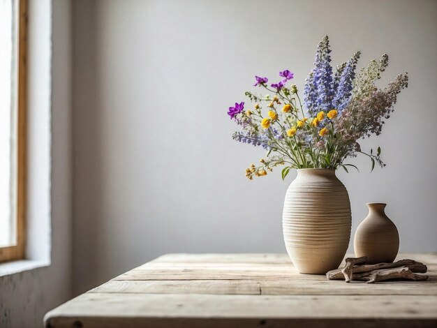 写真 小さな質感のある粘土の花瓶とスプリングの束を持つ木製のテーブル