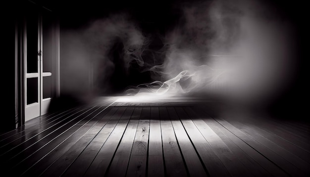 Wooden table with smoke and black backgrounds