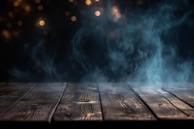 Wooden table with smoke on a dark background Halloween party concept