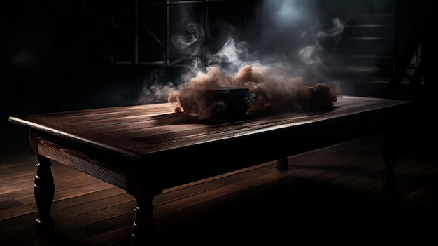 Wooden table with smoke in a dark roomgenerative ai