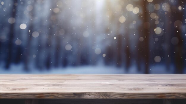A wooden table with a snow covered background