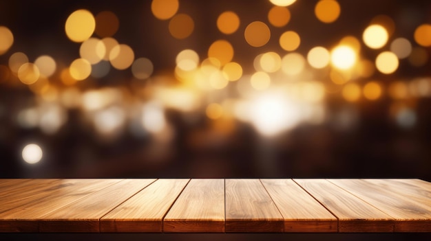 Wooden table with soft blurred lights in background