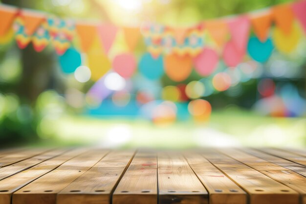 Photo wooden table with a soft focus of colorful bbq party decorations behind