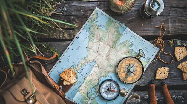 Wooden table with a spread of food and a map on top aig