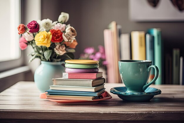 A wooden table with a stack of colorful books a cup of coffee and a pot is where the white paper is located