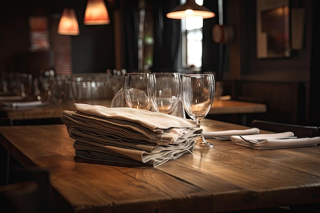 A wooden table with a stack of napkins and glasses in the background