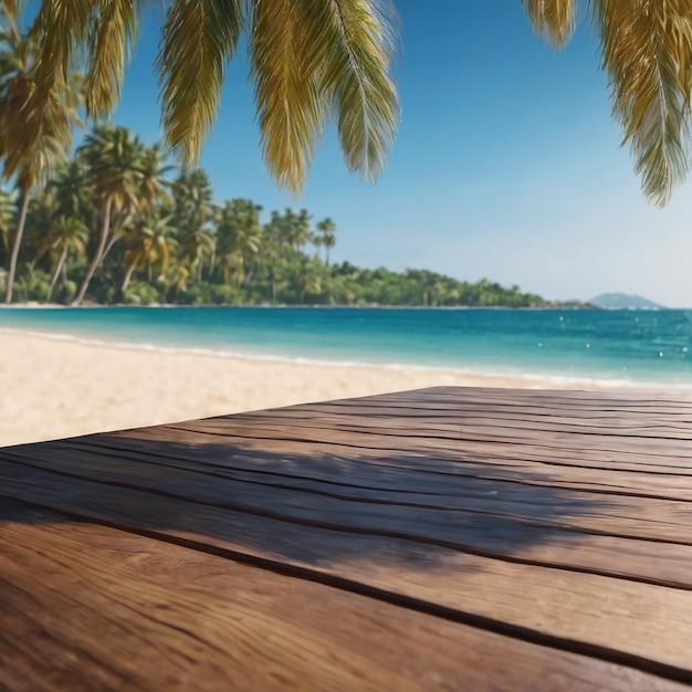 Wooden table with summer palm tree