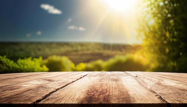 A wooden table with a sun setting behind it