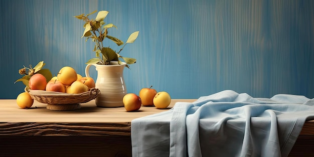 a wooden table with a surface and fruit in the style of light skyblue and beige