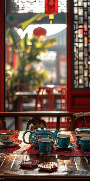 Photo wooden table with tea cups and saucers