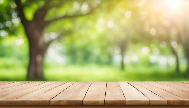 a wooden table with a tree in the background