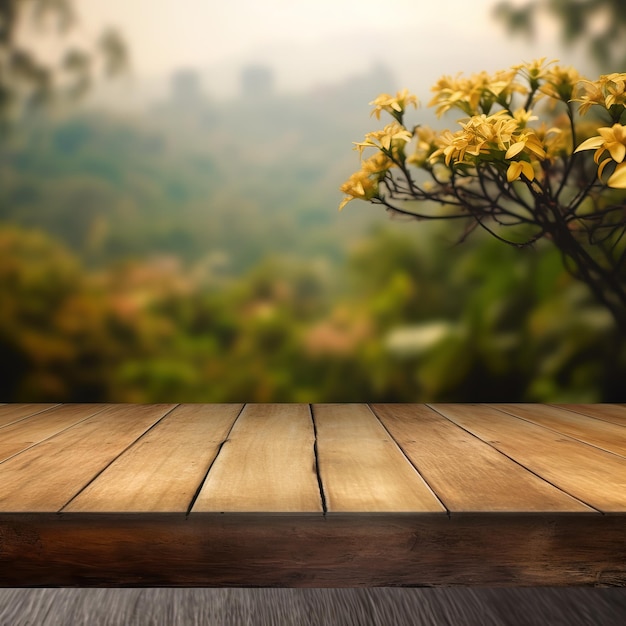 A wooden table with a tree in the background