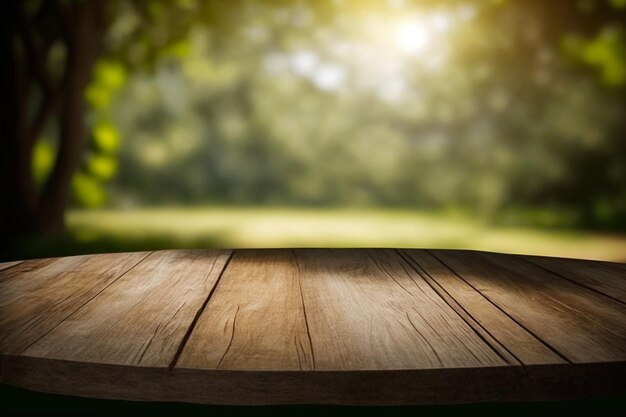 A wooden table with a tree in the background