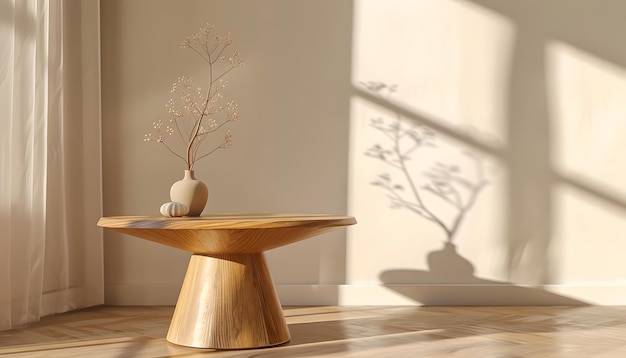 a wooden table with a tree on it and a vase on it