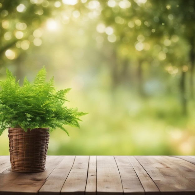 wooden table with tree landscape in the background photo