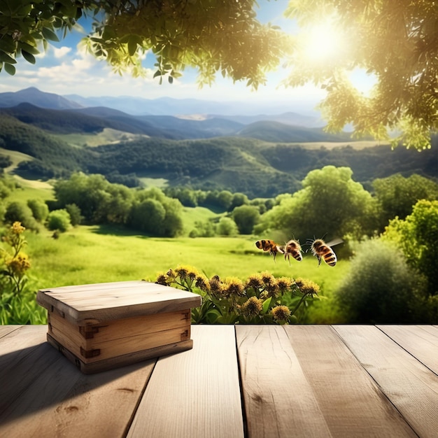 Foto tavolo di legno con paesaggio di alberi sullo sfondo