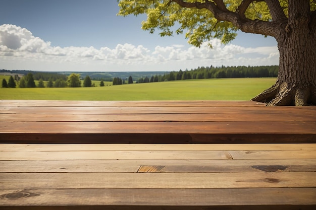Foto tavolo di legno con paesaggio di alberi sullo sfondo