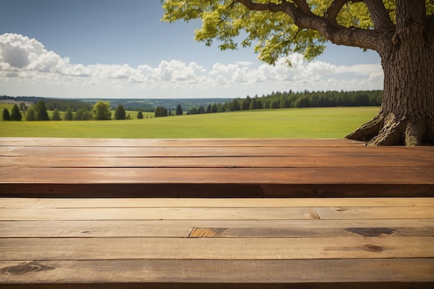 Wooden table with tree landscape in background