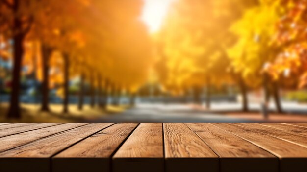 A wooden table with trees in the background