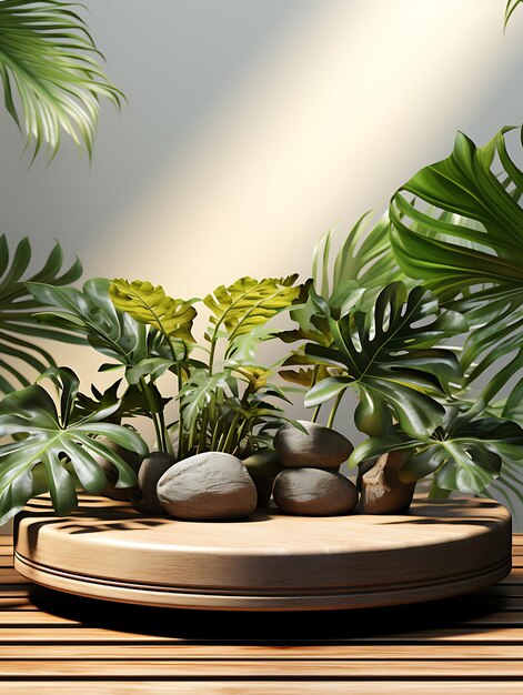 wooden table with tropical plants on wooden surface