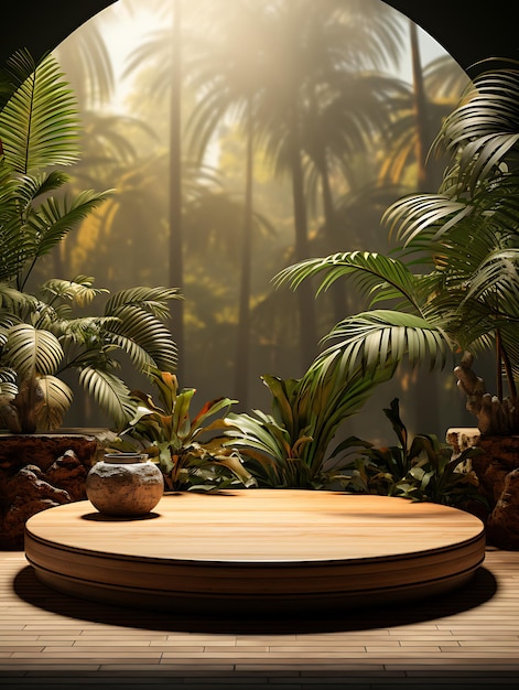 wooden table with tropical plants on wooden surface