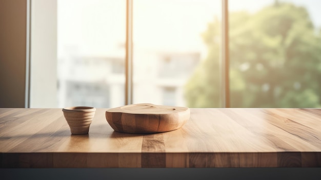 A wooden table with two bowls on top of it generative AI