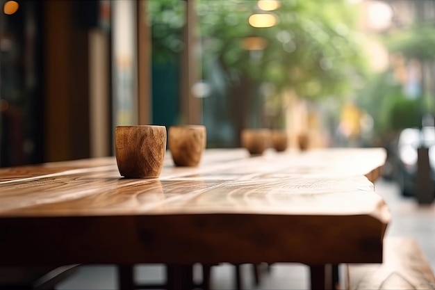 Wooden table with two cups on top of it created with Generative AI technology