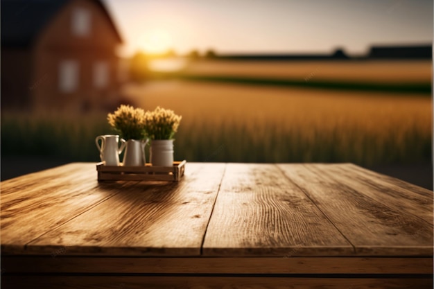 Photo wooden table with unfocused background