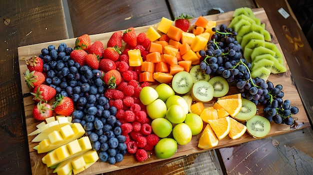 Photo a wooden table with a variety of fruits there are strawberries blueberries raspberries grapes kiwi mango and orange