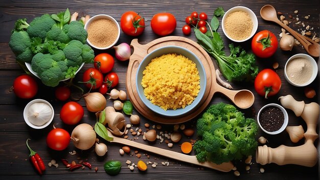 A wooden table with a variety of vegetables spices and nuts arranged on it