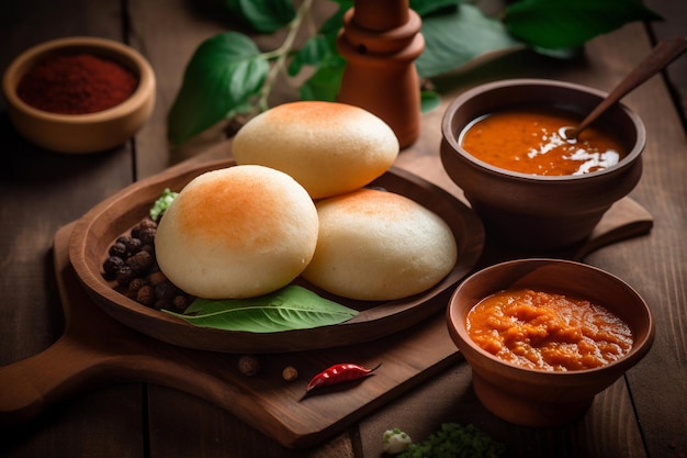 A wooden table with various food items including breads and spices