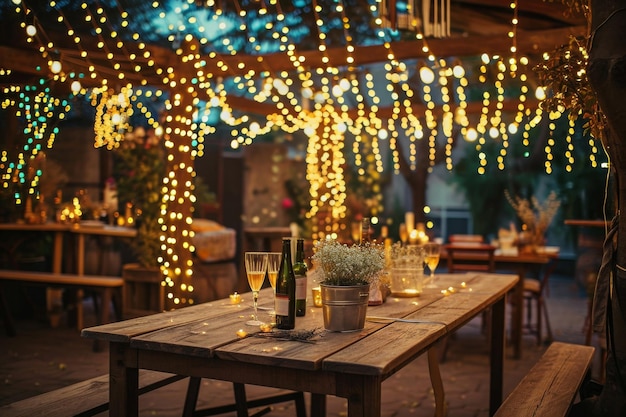 그 표면에 정교하게 배열 된 다양한 와인 컵이있는 나무 테이블, 시골 생일 파티 설정을 조명하는 반이는 요정 불빛
