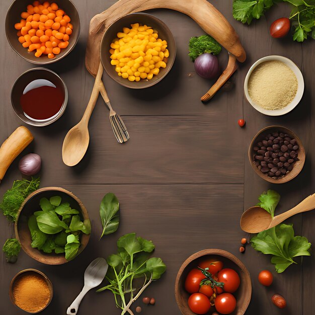 Photo a wooden table with various ingredients including tomatoes herbs and spices