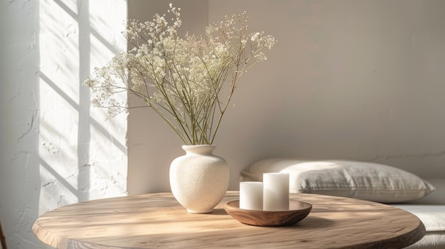 A wooden table with a vase of flowers and two candles on it