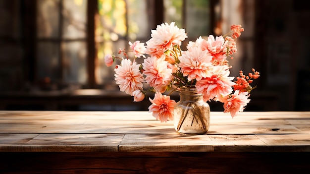 Wooden table with a vase of fresh flowers rustic elegance