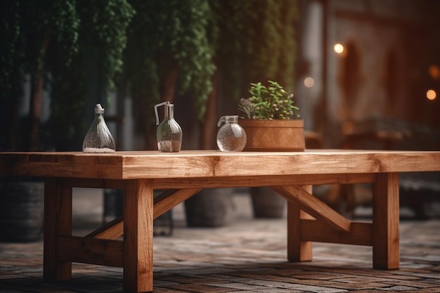 A wooden table with vases and vases on it.