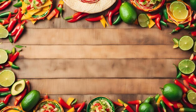 a wooden table with vegetables and a place for text on it