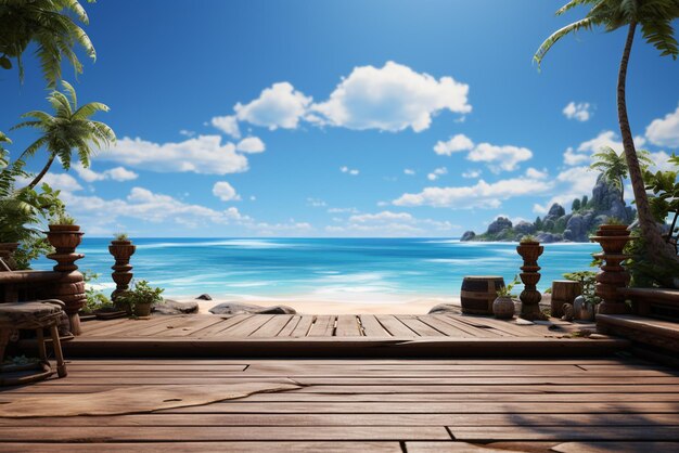 wooden table with vibrant stage backdrop style beach