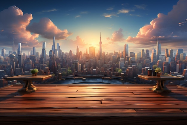 wooden table with vibrant stage backdrop style city