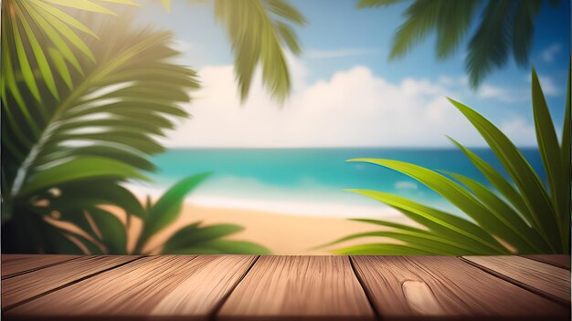 Photo wooden table with a view of the beach and the sea in the background