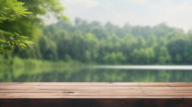 a wooden table with a view of a lake