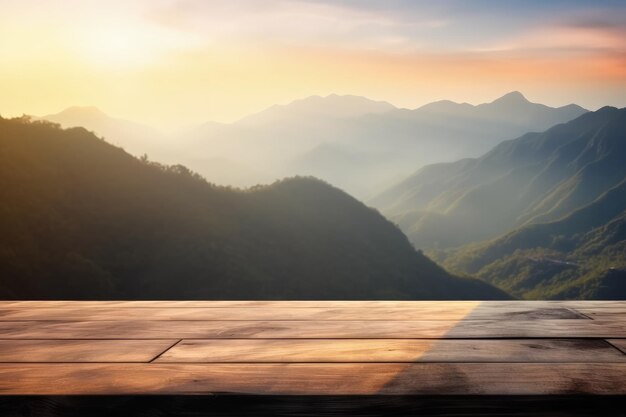 A wooden table with a view of a mountain range generative AI