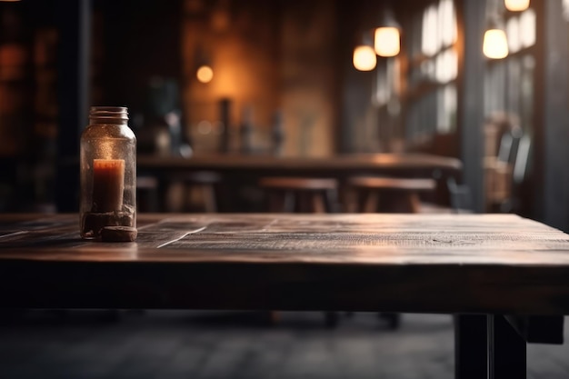 A wooden table with a view of the mountains in the background.